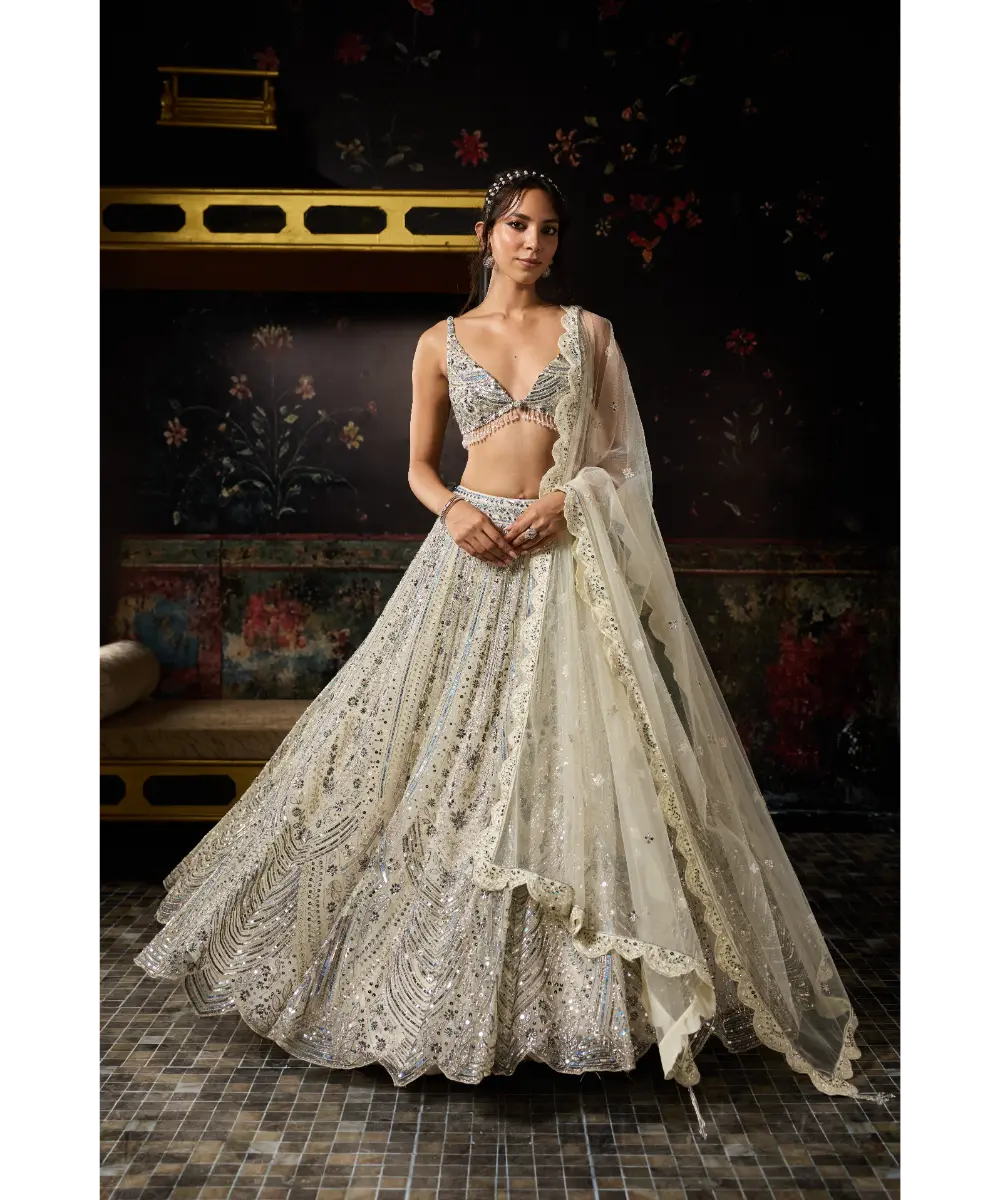 DIYARAJVVIR - IVORY FULLY EMBROIDERED SCALLOP LEHENGA SET